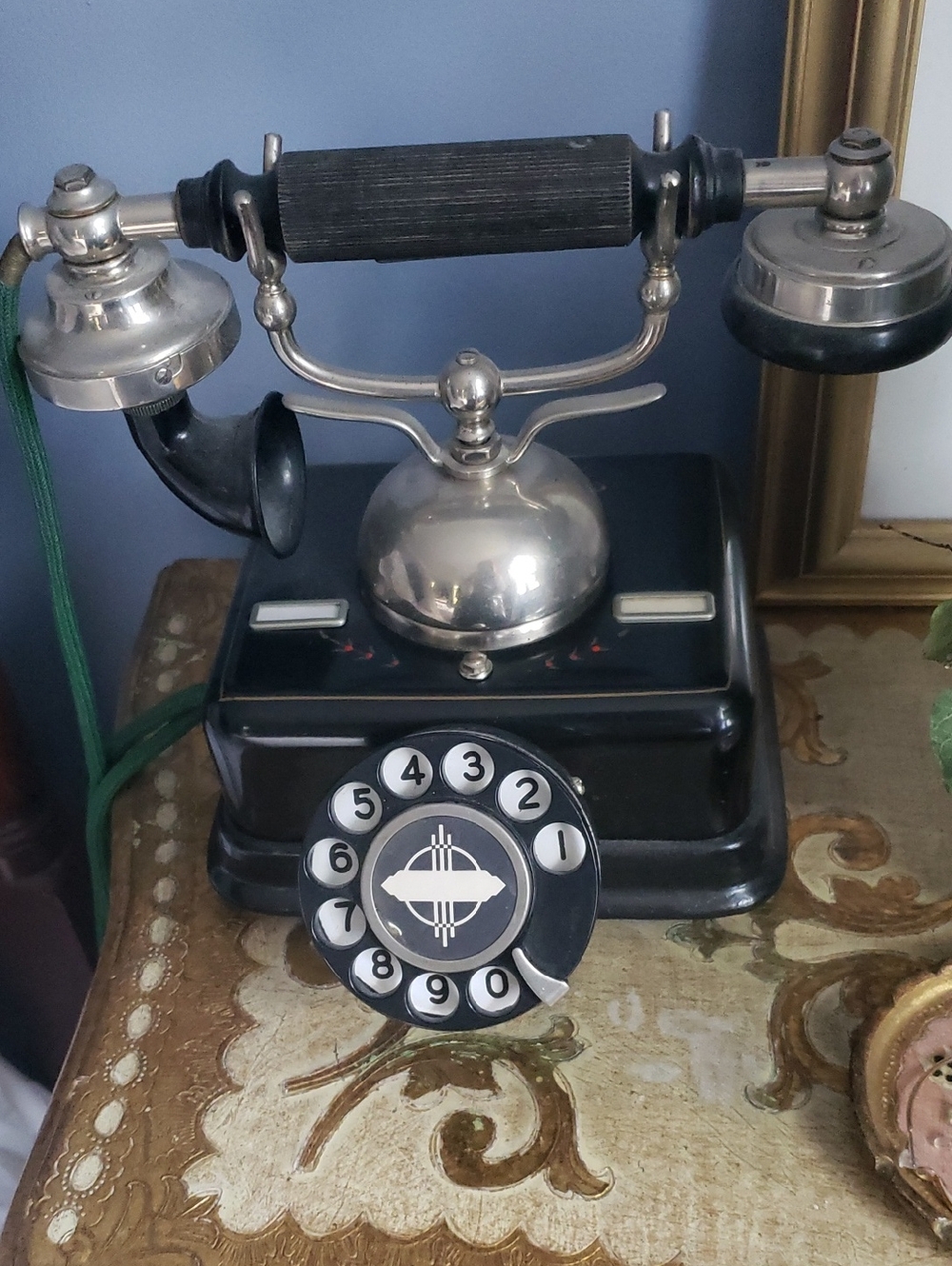 Retro Black Rotary Desk Phone with Silver Accents